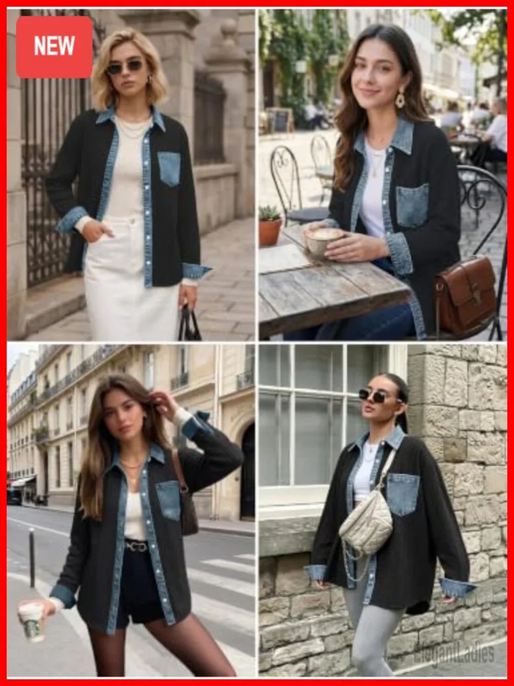 Denim Patchwork Shacket Button Down Loose Long Sleeve Jacket Women Fall Casual